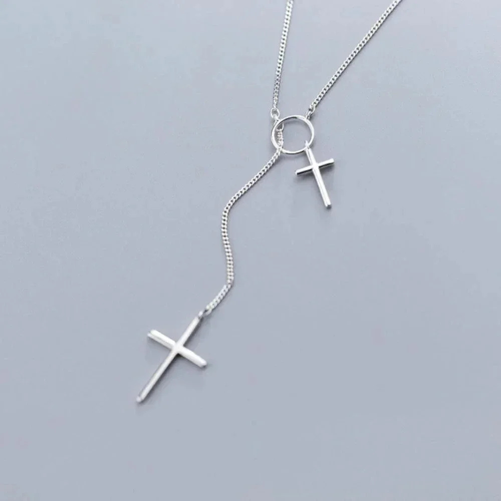 925 Sterling Silver Cross Circle Lariat Necklace